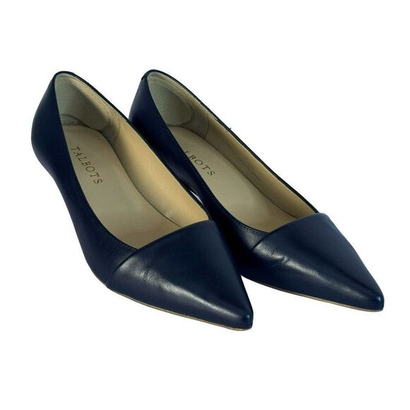 Talbots Indigo Leather Pointed Toe Woodtone Kitten Heel Pippa Vamp Wrap Shoes 6W - Picture 8 of 10